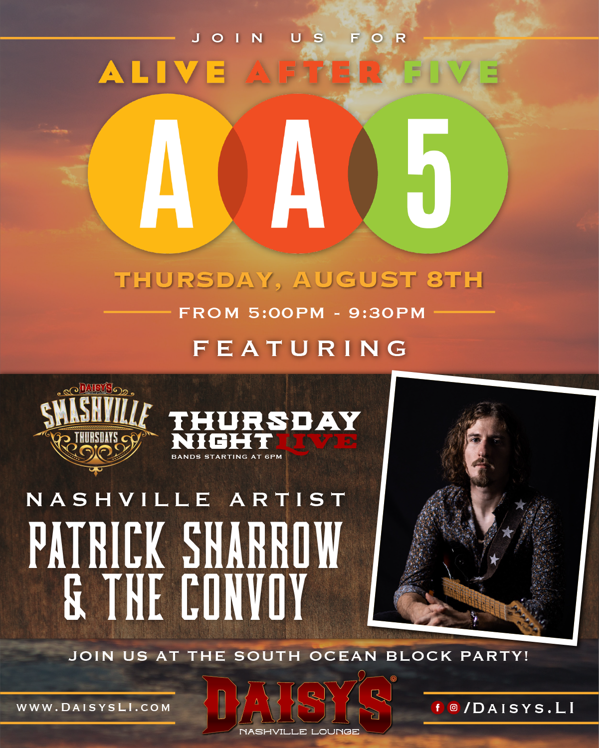 Thursday, August 8th: Alive after 5 with live music by Patrick Sharrow & The Convoy at 6 pm