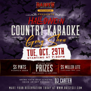 Join us at our Patchogue location for a special Halloween Country Karaoke on Tuesday, October 29th staring at 7:30 pm! We'll be serving $5 pints of pumpkin beer & Luke Combs Special Edition 16 oz cans! There will be prizes for singers in costumes!