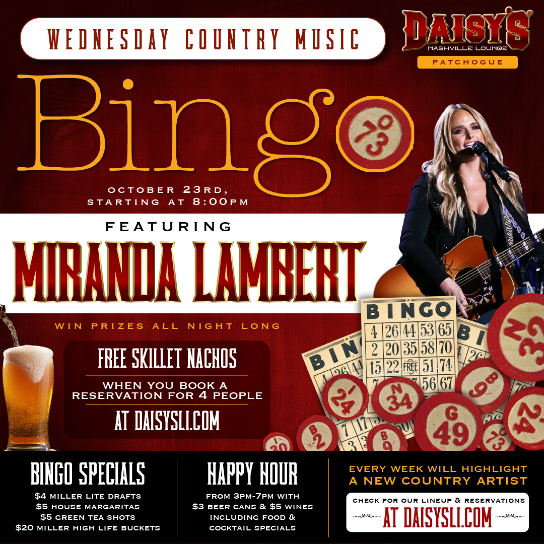 Join us on Wednesday, October 23rd at 8 pm for Country Music Bingo featuring Miranda Lambert! 