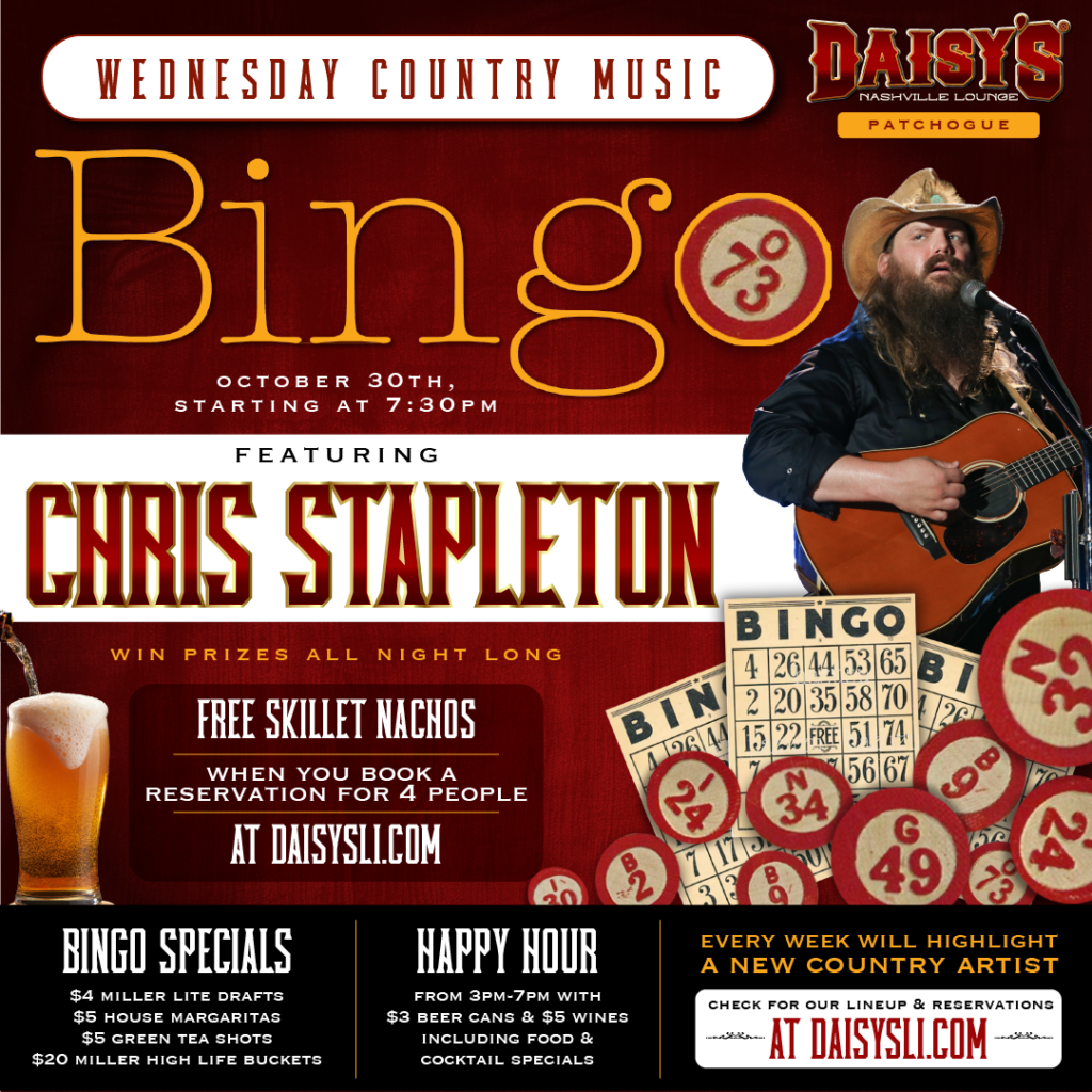 Join us on Wednesday, October 30th at 8 pm for Country Music Bingo featuring Chris Stapleton! 