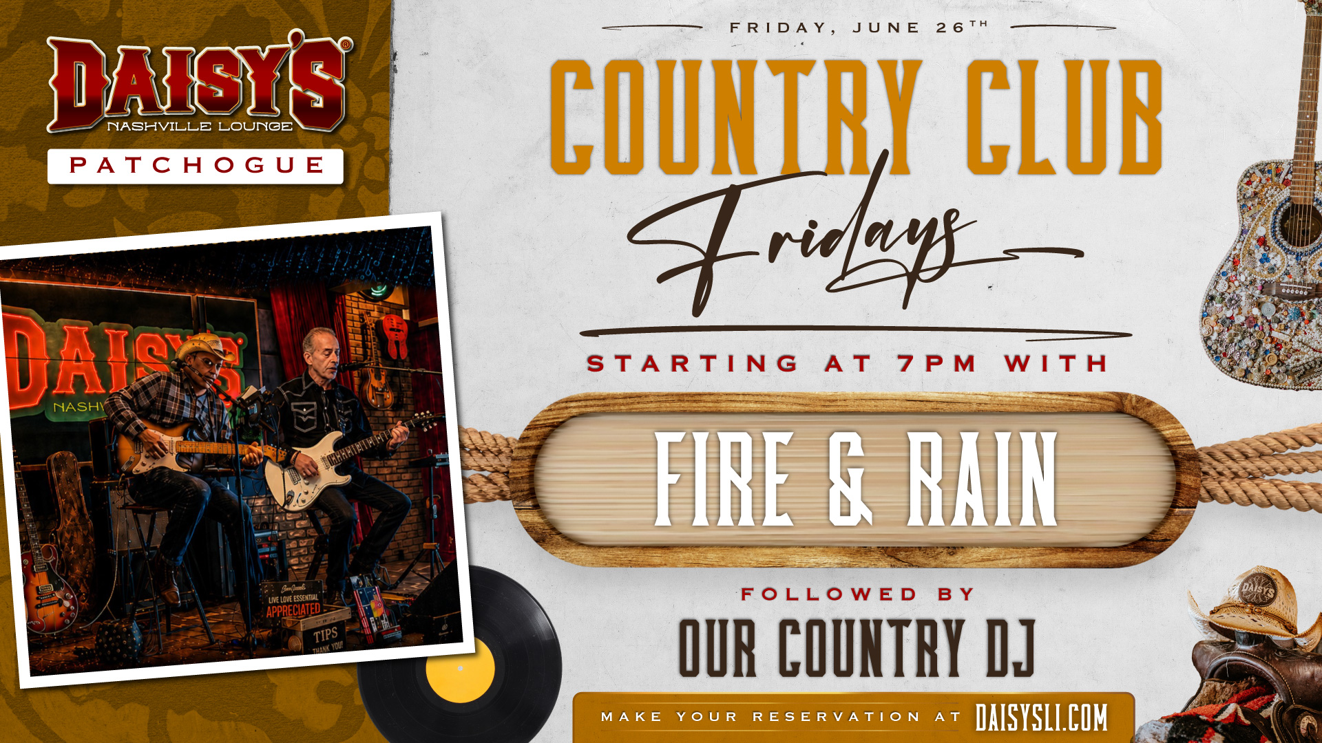 Flyer for Fire & Rain at 7 PM on June 26th
