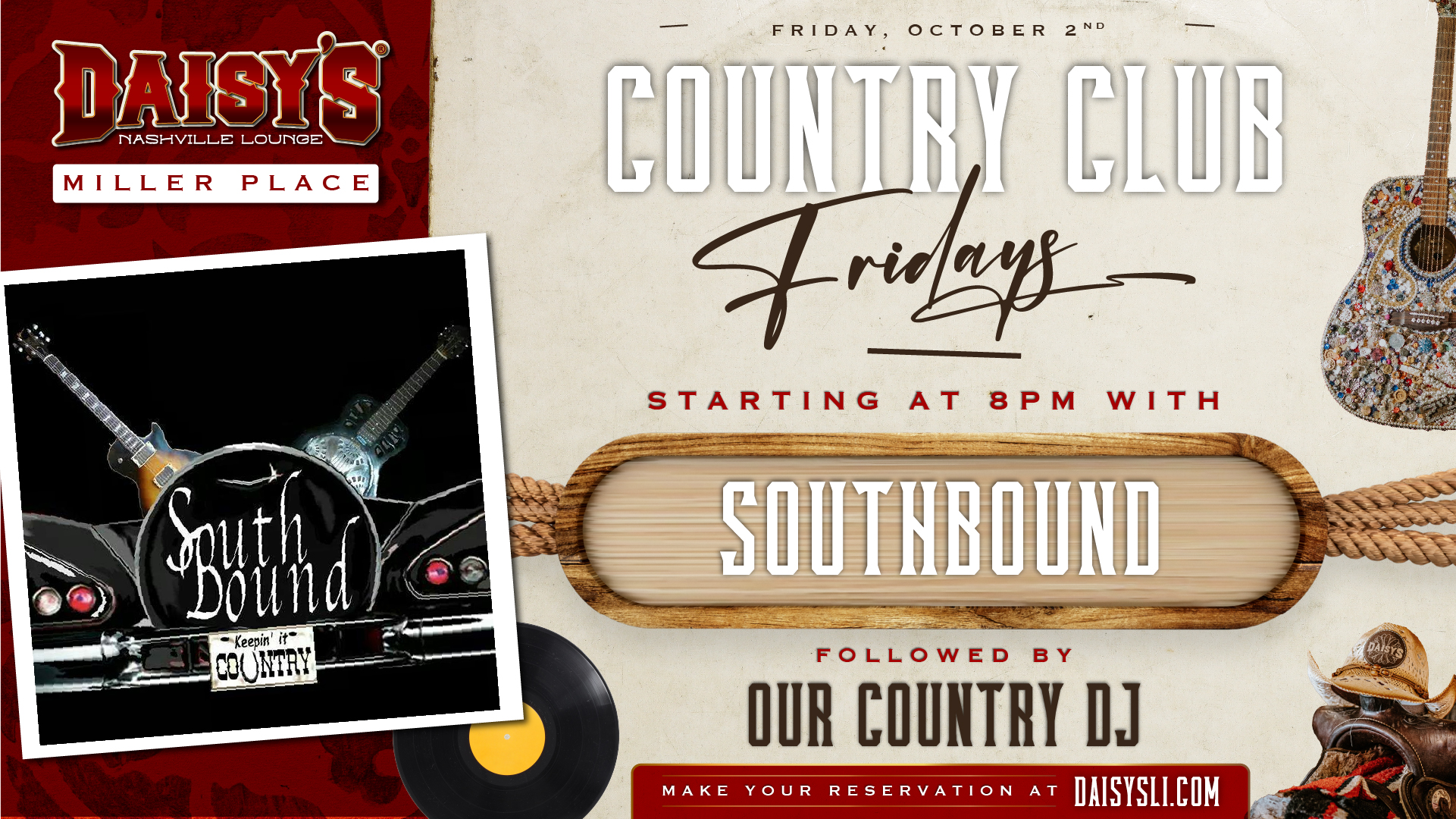 Start Smashville Thursday with Taylor Thomas Lane live at 6PM! Come in early for Honky Tonk Happy Hour from 3–7PM, then settle in for live music, drinks and a Thursday night at Daisy’s Miller Place.