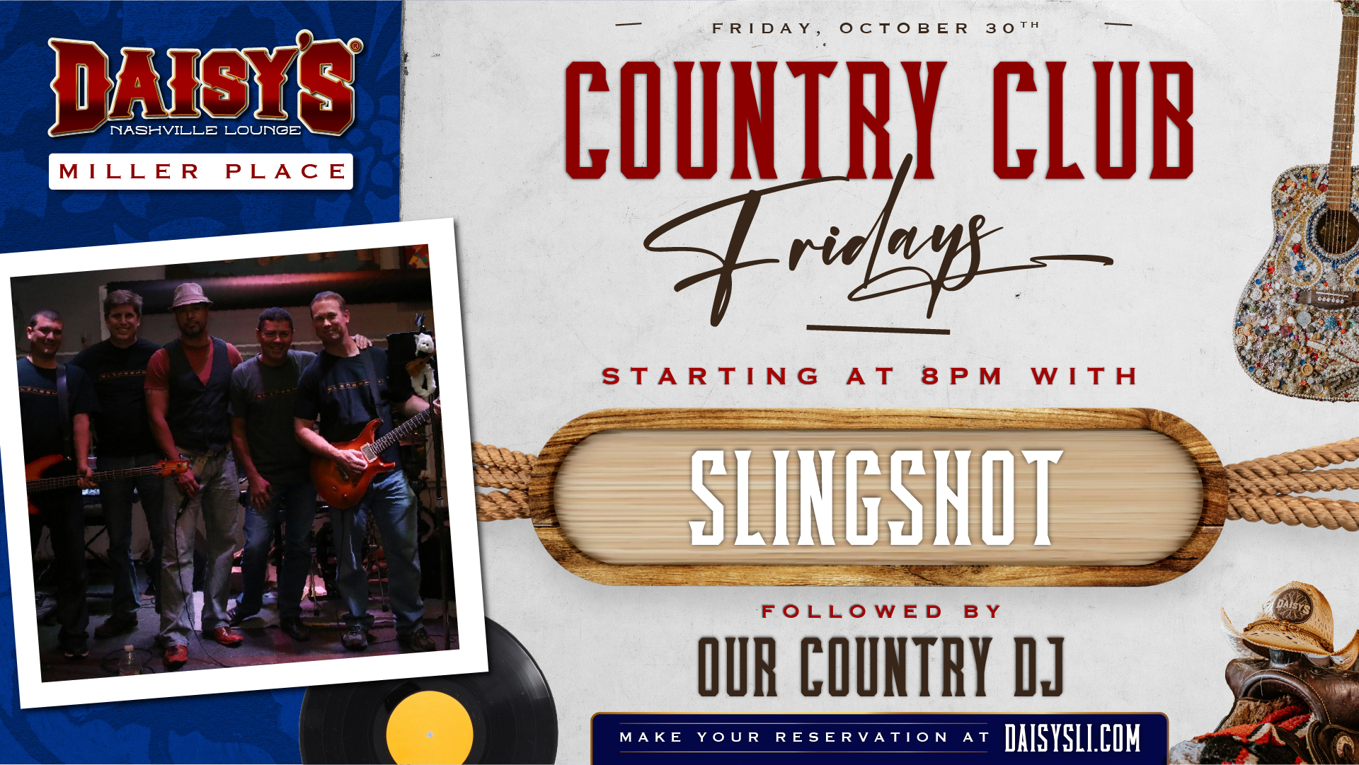 Halloween weekend kicks off with Slingshot live at 8PM for Country Club Fridays! Start with dinner and drinks, catch the band, then stay late with Our Country DJ.