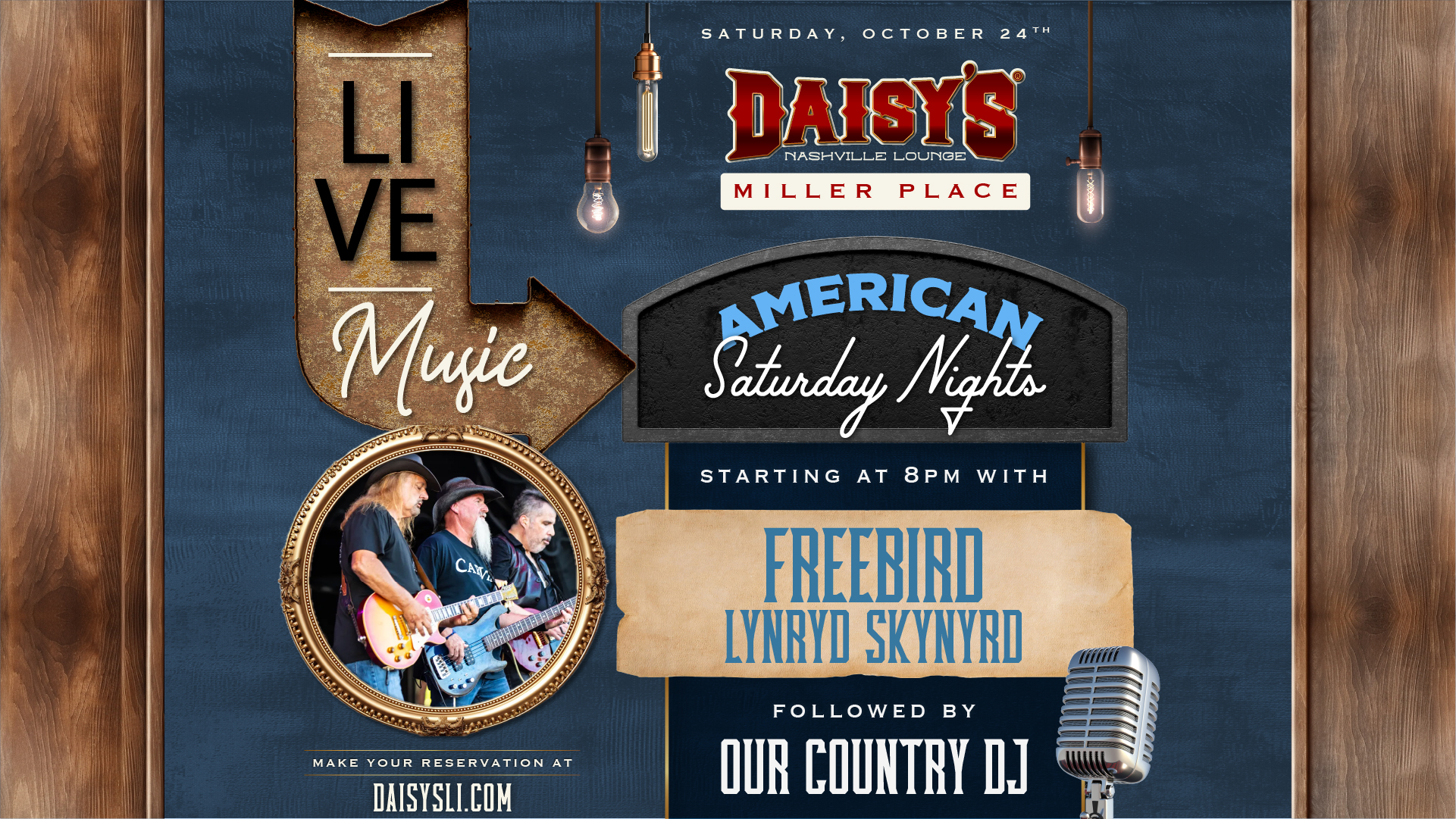 Turn up the Southern rock for American Saturday Nights with Freebird, a Lynyrd Skynyrd tribute, live at 8PM. Stay after the show as Our Country DJ keeps the Saturday night party going.