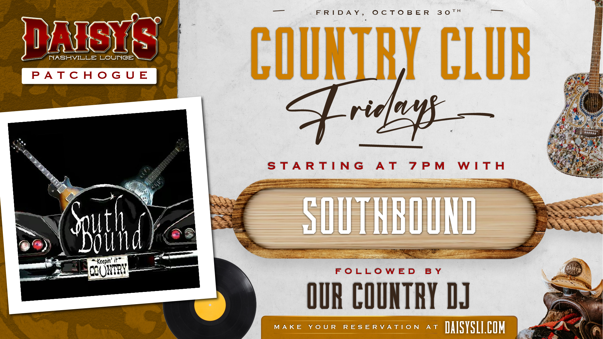 Head into Halloween weekend with Southbound live at 7PM for Country Club Fridays! Come for dinner and drinks, stay for the band, then keep the night going with Our Country DJ.