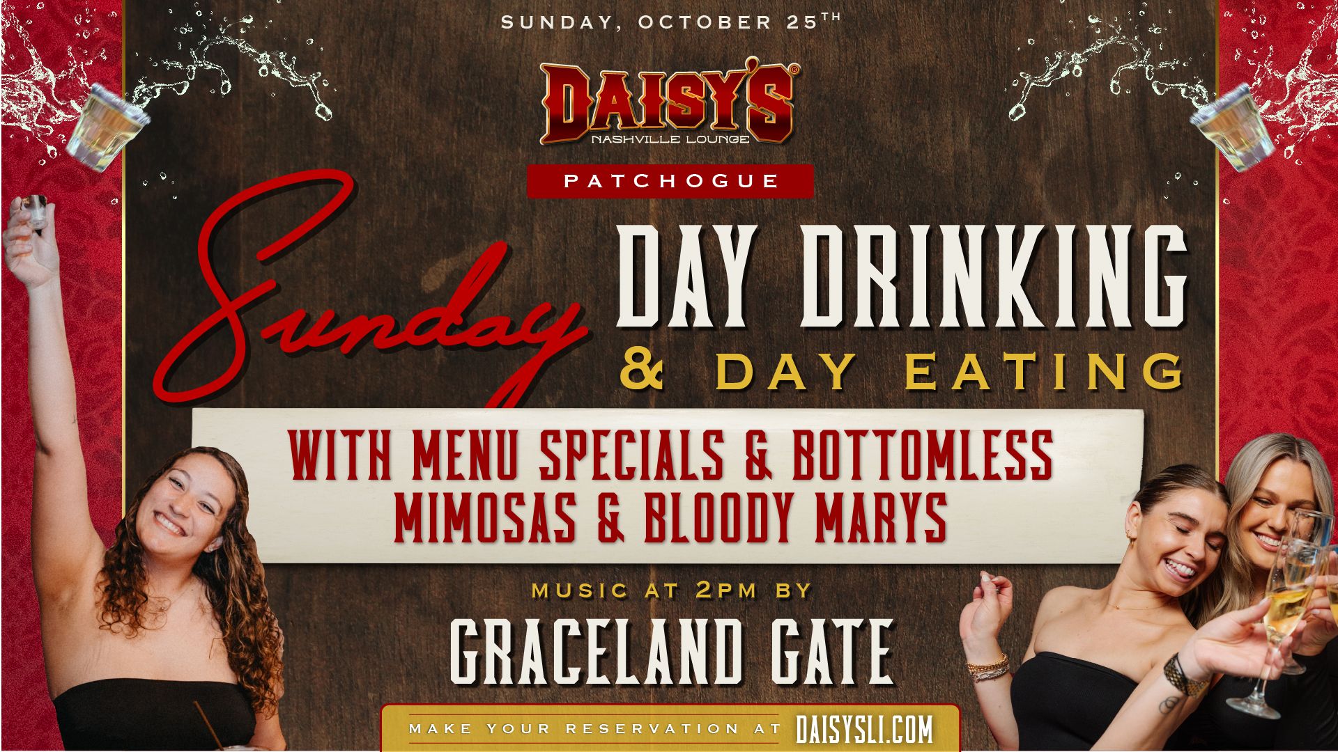 Sunday plans are covered with Graceland Gate live at 1PM. Join us for Sunday Day Drinking & Day Eating, featuring menu specials, bottomless mimosas and Bloody Marys, and an afternoon of live music.