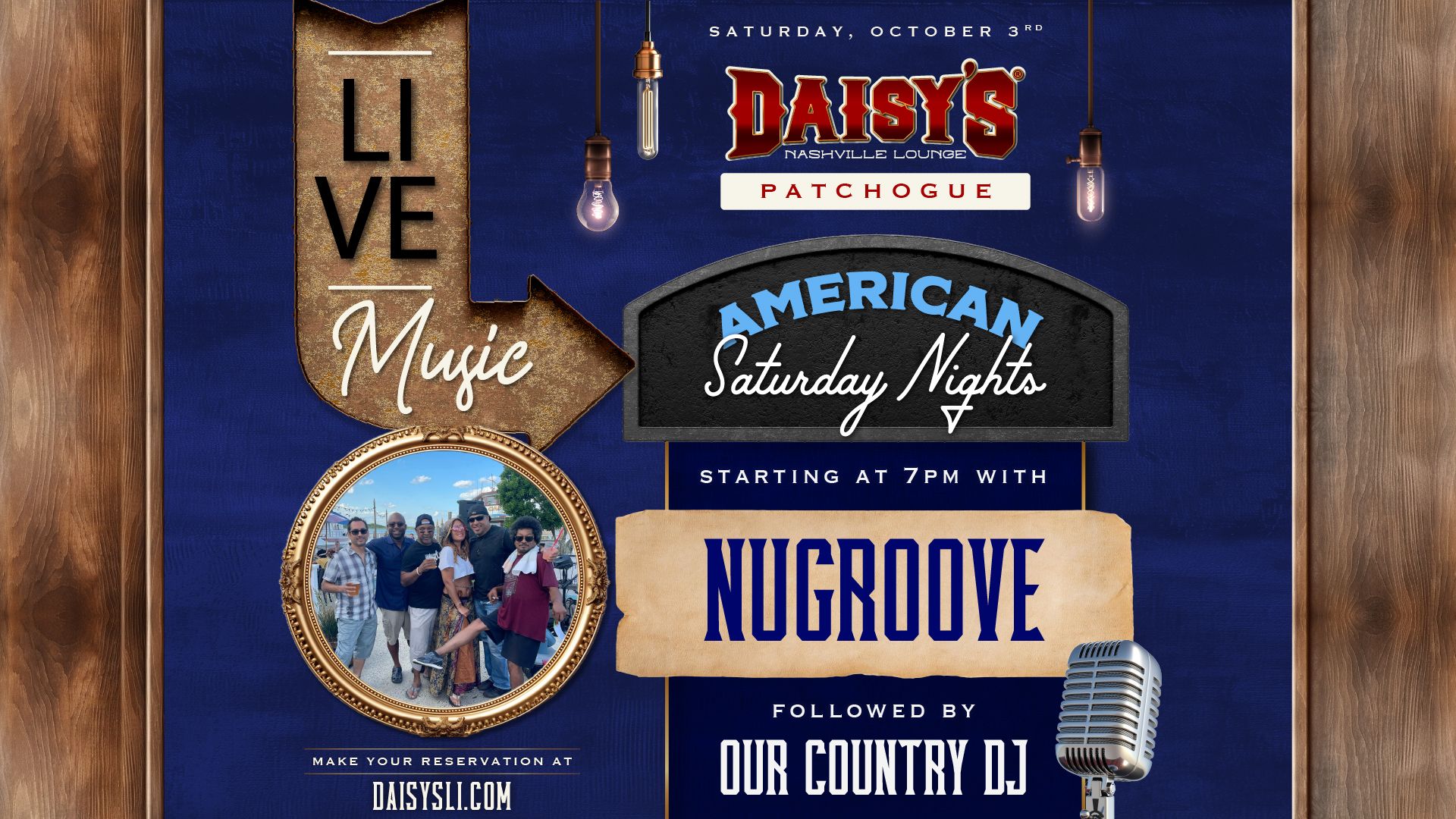 American Saturday Nights are made for live music and a packed dance floor. Nugroove takes the stage at 7PM, followed by Our Country DJ keeping the Saturday night energy going.