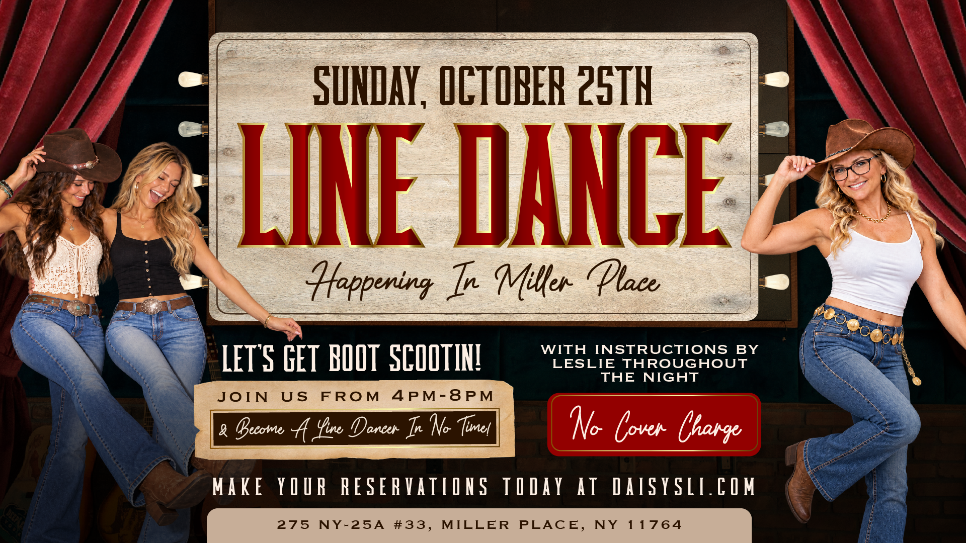 Join us Sunday, October 25th from 4PM to 8PM for an afternoon of line dancing with instruction from Leslie all night long. Whether you’ve been dancing for years or have never tried it, she’ll have you moving with the crowd in no time. No cover charge. Just good music, good food, and a dance floor full of people learning together.